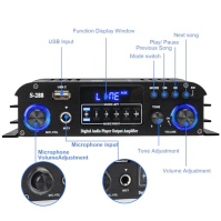 S-288 4CH Bluetooth 5.0 domácí audio zesilovač, RMS 45Wx4, Max 600W HiFi stereo výkon zesilovače USB, SD, FM Class D reproduktor